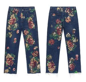High Street Hand Painted Floral Jeans Mens Straight Oversized Retro Casual Denim Pants Loose Washed Ripped Jean Trousers y2k 240415