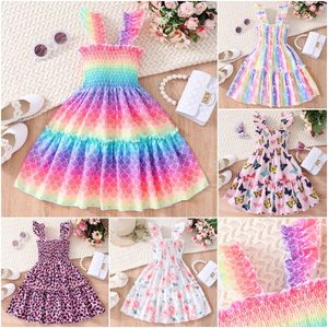 2024 Summer Dress Kids Girl Clothes Mermaid Butterfly Rainbow Kort ärm Birthday Party Baby Girls Dresses 1 2 3 4 5 6 7 år 240423