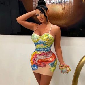 Casual Dresses HLJ Fashion Y2K Tie Dye Print Rhinestones Mini Suspenders Dress Women Thin Sleeveless Bodycon Party Nigtclub Vestidos