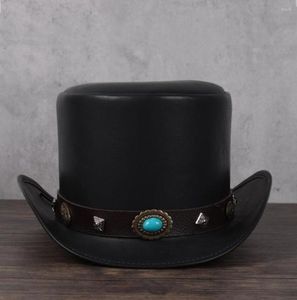 Basker kvinnor män läder topp hatt president traditionell fedoras magiker steampunk cosplay party caps dropshiping 3size 13cm2529260