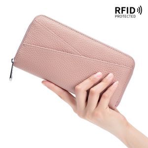 Carteira de couro genuíno de estilo japonês para mulheres com grande capacidade RFID RFID Primeira camada Card de acordeão Bolsa de cartas da moda Mobi