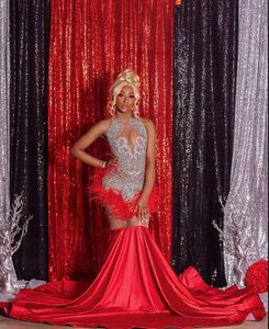 Red Sexy Diamonds Prom Dress 2024 Beaded Crystal Rhinestones Feather Evening Gown Birthday Party Dresses Robe De Soiree