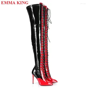 Boots Winter Red Black Shiny Leather Overknee Women Lace Up Stiletto Party Thigh High Fashion Heel Strip Shoes Woman