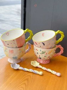 Mugs 400ml cartoon ceramic cup hand drawn 3D large capacity breakfast ceramic cup cute couple birthday gift high capacity milk cup J240428