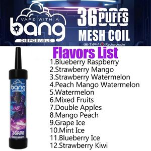 Bang Puff 36000 Tek Kullanımlık Vapes Şarj Edilebilir E Sigara Bobin 40ml E-sıvı puf 36k%2%3%5%LED Renk Işık Vaper Vs 20000 Puff Puff 30k