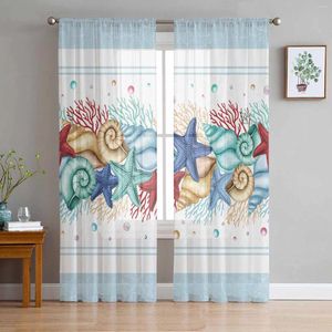 Curtain Summer Ocean Watercolor Starfish Shell Coral Sky Blue Tulle Sheer Window Curtains For Living Room Bedroom Voile Hanging