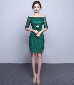 Dark Green Half Sleeves Short Lace Bridesmaid Dress With Embroidery 2018 Knee Length Party Dress Lace Up4418521