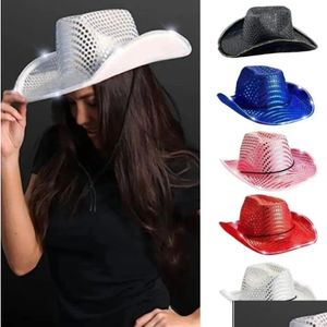 Party Hats Cowgirl Led Hat Flashing Light Up Sequin Cowboy Luminous Caps Halloween Costume Drop Delivery Home Garden Festive Supplies Dhn1G