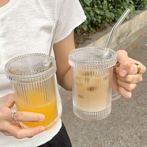 Garrafas de água estilo japonês simples e bonito palha de vidro copo de palha de leite mole -se com tampa de chá de chá de chá 390ml