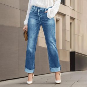 Jeans femminile 2024 tasche di lavaggio eleganti sciolte casual eleganti pantaloni in denim con vita alta e orli laminati eleganti