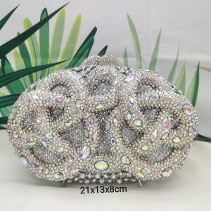 Loafers Lady Hot Pink/Green/Sier Rhinestone Bags Fashion Female Diamond Crystal Clutch Elegant Gold Metal Wedding Dinner Purses