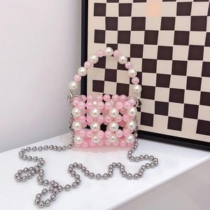 Shoulder Bags Ins Girl Versatile Pink Pearl Weaving Chain Crossbody Customized Beaded Crystal Bag Mini Earbuds Lipstick Handbag