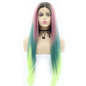 New Vogue Lace Front Wig Long Straight party cosplay Women glueless wig windy Colored wigs dyed in various colors pink and green for medium-parted long straight hair