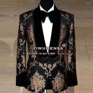 Erkekler Takımlar Vintage Düğün Erkekler Fit Slim Florwers Jacquard Blazers Özel Erkek Moda Tek Göğüslü Ceket Pantolon 2 Parça