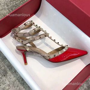 Heel Stud 2024 High Pumps Shoes Up Designer Valentyno Rivet Heels Thin Shallow Cut Summer Ring Tie Genuine Leather Naked Attack Speed Sandals Women XNDY