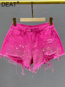 Jeans feminino shorts de jeans alta cintura rasgada tassel diamantes full rosa rosa verde calças curtas 2024 Moda de verão 29L2142