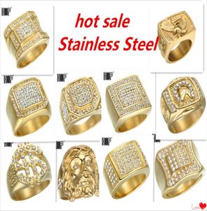 Micro Pave Rhinestone Iced Out Bling Hexagonal Ring IP Gold Filled Titanium rostfritt stålringar för män smycken4477839