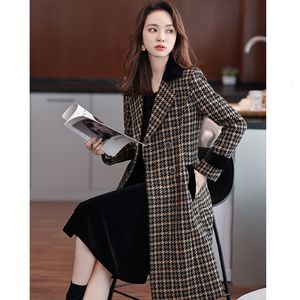 Women's Wool Blends Women's Medium Length Woolen Coat Autumn Korean Slim Coats Thousand Bird Check Double Breasted Suit Collar Coat 231010