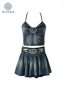 Work Dresses High Quality Fashion Outfits 2 Piece Skirt Set Gyaru Denim Camisole Blue Hight Waist Pleated Sashes Party Prom Coquette