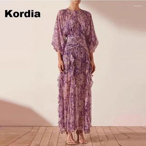 Lässige Kleider floral bedruckte lila Frauen Rüschen hohe Taille Koreanische Mode in Kleidung Party Vintage Elegant Chic Maxi Y2K