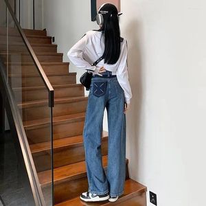Frauen Jeans natürlicher Taillenknopf minimalistische trendige Sommer -Ins -Waschung lang Hosen Harajuku weites Bein Schwarz