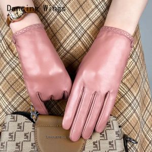 Women's sheepskin gloves winter warm plus velvet short thin touch screen driving color women's leather gloves good quality