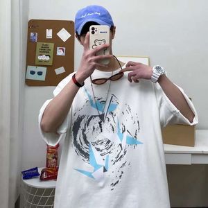 Camiseta de manga curta no estilo Harajuku, tendência de roupas de verão solta e versátil masculina, Instagram Hip-Hop de cinco quartos de camiseta de mangas sem mangas