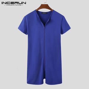 Men pijamas Rompers Solid V Neck Zipper Fitness Manga curta de manga aconchegante Playsiits Leisure Leissuit Sleepwear Incerun 7 240428