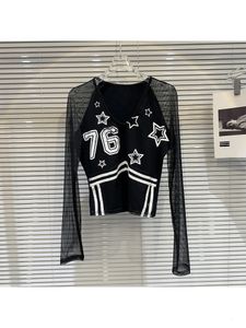 Sommerfrauen Dunkle Akademie durch Langhülle Mesh Crop Top Gyaru Patchwork Vneck T -Shirts Gothic T -Shirts 2000er Jahre Y2K dünn 240426