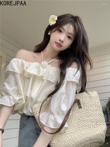 Kvinnors blusar korejpaa söta kvinnor blus koreansk modehalter 3d blomma slash hals rufsade skjortor elegant enkel solid puffhylsa