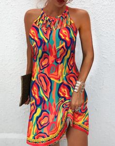 Модное женское платье Прямое летние каникулы многоцветные абстрактные печатные припечатки. Повседневное мини -платье без рукавов самка 240426