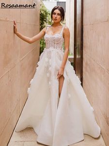 Perle in pizzo con pace di scintillio perle Abiti da sposa a-line cinghie spaghetti cinghie ad alta divisione 3d abiti da sposa Robe de mariee