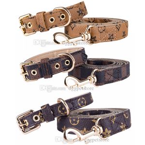 PU Leather Dog Collar Leashes Set Fashion Patterns Designer Collars for Small Medium Dogs Cat Chihuahua Teacup Puppies Shih Tzu Poodle Brown L B50