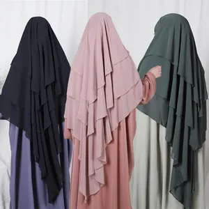 エスニック衣類オーバーヘッドキマーラージスカーフ3レイヤーヒジャーブ女性イスラム教徒の祈り衣服イスラムスカーフニカブニカブラマダンイードヘッドドレス