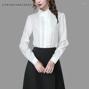 Women's Blouses Office Ladies White 2024 Spring Long Sleeve Ruffled Neck Women Tops Elegant Fashion Work Button-down Dress Shirt