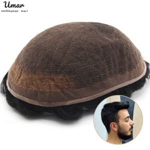 Tupees Toupees Toupee de renda cheia para homens Sistemas de cabelo humano Unidade de renda francesa de renda masculina Base respirável masculino Cabelo capilar de protéssio