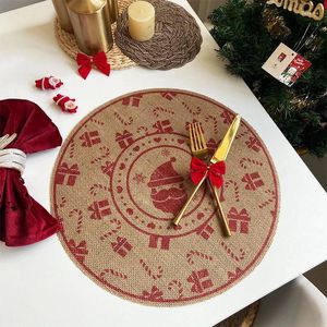 Masa Paspasları Yuvarlak Noel Retro Jüt Placemat Baskılı Dokuma Yemek Mat Kahve Kupası Yünlü Hot Dirençli Ev Dekoratif