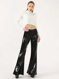 Kvinnor Pants Women Solid Shiny Faux Latex Leather High midja Elastic BodyCon Flare Ladies Slim Stretch Pu Bell-Botom Trousers Custom