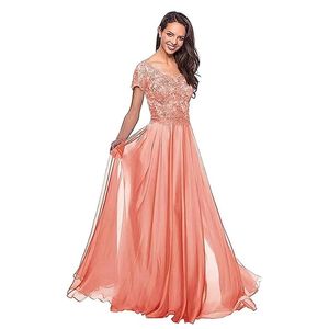 Apliques de renda Mãe da noiva Vestidos longos Chiffon Mães curtas Mães vestidos de noivo para o vestido de festa formal de coral de casamento em estoque kc