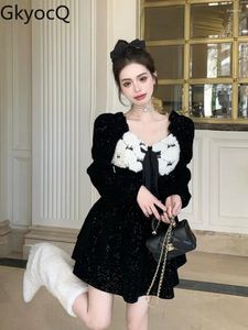 Casual Dresses GkyocQ French Elegant Black Velvet Dress Chic Puff Sleeve Square Collar Double-layer Fluffy Short Fall And Winter