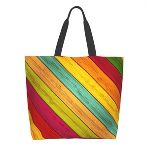 Alışveriş çantaları ahşap renk tuval çanta kadınlar için hafta sonu renkli ahşap tahtalar mutfak yeniden kullanılabilir bakkal omuz çanta