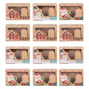 Caixas de biscoitos de doces de Natal Kraft Paper Box Box Food Bakery Treat Boxes com janela transparente Navidad Decor Xmas Bolsa de presente Noel 240426