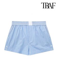 Traf-randiga lapptäckshorts för kvinnors sidfickor vintage mitten av elastisk midja split Hems kvinnliga korta byxor mode 240426