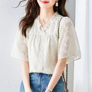 Kvinnors blusar Elegant V-ringning ruffles Folds Puff Sleeve Chiffon Shirts Women Clothing 2024 Summer Loose Tops Office Lady Lady Lady