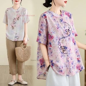 Ethnische Kleidung 2024 Chinesische Vintage Bluse National Blumendruck Stickerei Hanfu tops traditioneller Standkragen Volksretro Streetwear