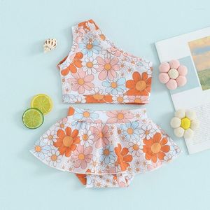 Set di abbigliamento femminile da bagno da bagno a 2 pezzi set una spalla senza maniche con stampa fiore top elastici pantaloncini da nuoto per bambini