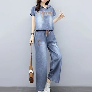 2024 Women Summer Women Denim Define calças de capuz de manga curta 2PCs de 2pcs serve lady vintage streetwear casual roupas soltas 240419