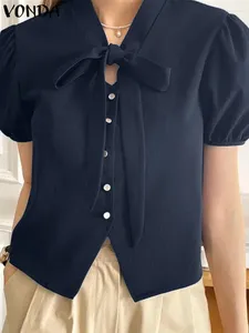 Kadın bluzları Kadın Tunik Üstler 2024 Vonda Zarif Düz Renk Kravat Kısa Kollu Gömlekler Sıradan Gevşek Bluz Büyük Boy Blusas