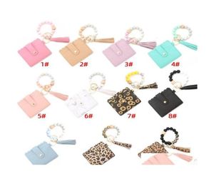 Party Favor Fashion Pu Leather Bracelet Wallet Keychain Tassels Bangle Key Ring Holder Card Bag Sile Beaded Wristlet Keychains Han3202219