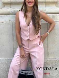 Kondala Vintage Solid Pink Weste Anzug Frauen gegen Nackenknöpfe ärmellose Blazerhigh Taille Wide Leg Hosen Mode Summer Set 240423